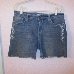 Level Eight Women's Jean Shorts Size 12 Stretch Denim Embroidered Fringe Boho
